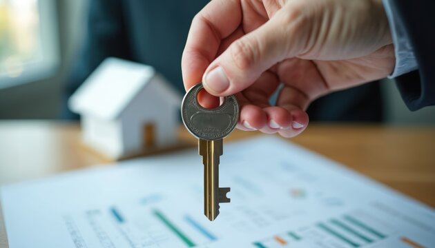 Hand holds key for new homeowners at urban apartment real estate closing. Bright environment, closeup view signifies ownership, responsibility, trust, and the excitement of a new dream home.