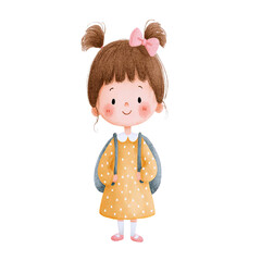Fototapeta premium A cheerful young girl with pigtails wearing a yellow dress and a backpack.