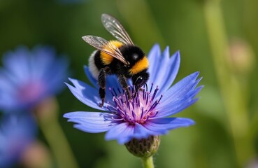 Fluffy bumblebee collects pollen from bright blue cornflower, also called bachelor button. Close-up macro shot captures insect on vibrant floral bloom, green summer background.