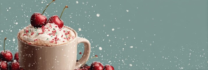 Delightful hot beverage topped with whipped cream and cherries in a cozy setting during winter