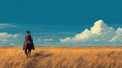 Cowboy riding a horse through golden grasslands under a blue sky in the afternoon light
