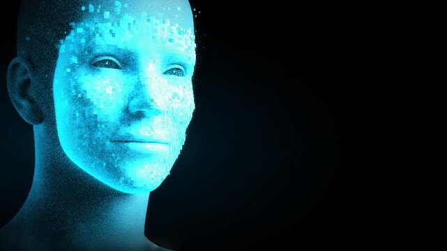 Abstract representation of digital transformation with a pixelated human face dissolving into a digital cloud, symbolizing technology and human interaction in modern society