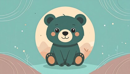 Cute cartoon bear sitting in a serene landscape