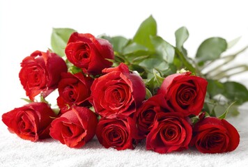 Obraz premium A cluster of deep red roses with lush green leaves, elegantly arranged on a soft, textured white surface. Soft focus enhances the romantic effect