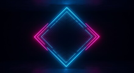 Neon diamond-shaped frame glowing in vibrant pink and blue light against a dark background.