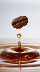 A brown coffee bean hovers above a rippling surface of dark liquid, creating a splash. Droplets fall from the bean, illustrating the rich connection between beans and brewed coffee