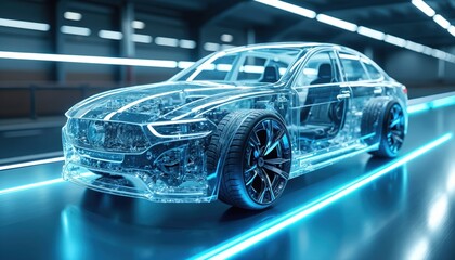 Transparent car model showing internal mechanics and hybrid engine technology. Engineers focus on fuel-efficient design and advanced automotive systems. Clean energy vehicle development.