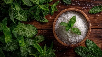Fresh mint leaves surround a wooden bowl filled with white shreds, accented by sprig of mint. The image is set against a warm, textured wooden surface
