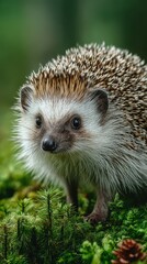 Fototapeta premium Hedgehog exploring lush greenery in a vibrant forest during a sunny afternoon