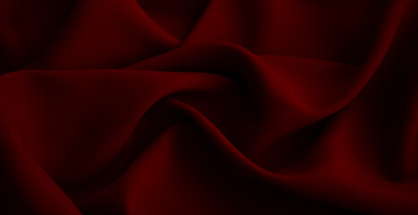 Bright dark turkey red maroon ruby scarlet cherry color. Elegant crumpled fabric banner. Matte silk satin material with wavy folds. Textile design, cozy, home, decor aesthetic. Simple pure sheet.Macro
