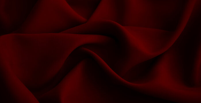 Bright dark turkey red maroon ruby scarlet cherry color. Elegant crumpled fabric banner. Matte silk satin material with wavy folds. Textile design, cozy, home, decor aesthetic. Simple pure sheet.Macro
