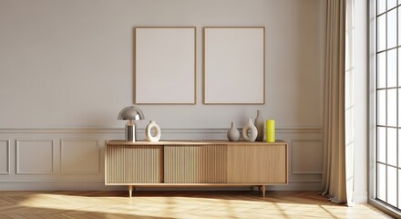 A minimalist interior scene featuring a wooden sideboard with decorative objects and two empty picture frames on a lightcolored wall
