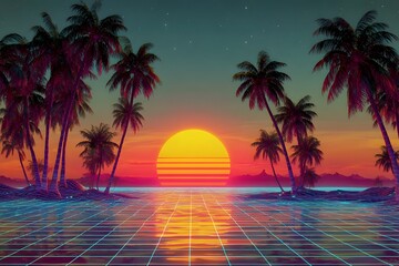 A synthwave sunset over the ocean, with palm trees and grid lines in the foreground. The background features a dark purple to pink gradient, with neon accents.