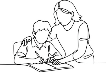 Mom helping her son with homework drawing a continuous line representing education and support