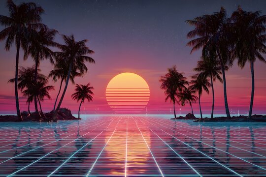 A synthwave sunset over the ocean, with palm trees and grid lines in the foreground. The background features a dark purple to pink gradient, with neon accents.