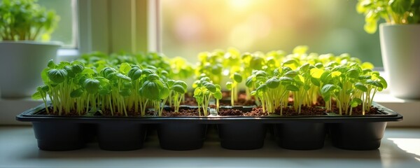 Rows of vibrant green seedlings flourish in black tray on windowsill, bathed in warm sunlight. Fresh sprouts indicate new growth, perfect for home gardening, organic herb cultivation, culinary