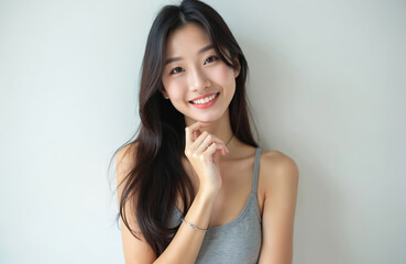 Portrait of smiling Japanese woman in 30s with long, straight dark hair, fair skin. Clean, natural look with no makeup, touching chin with one hand. Woman wears simple grey tank top against soft