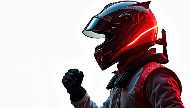 Illustration of race car driver in dynamic celebration pose. Driver wears helmet, sporty suit, isolated on white background. Fist pump gesture signifies victory, triumph in high-speed competition.