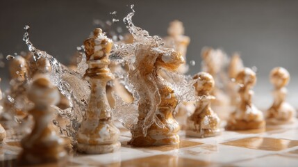 Water dramatically splashes against intricately designed chess pieces, creating an engaging and lively atmosphere on the chessboard. The action captures a moment of strategic intensity.