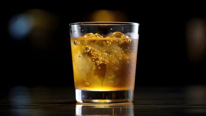 Iced Golden Beverage in Rocks Glass; Dark, Moody, Refreshing Drink Photography