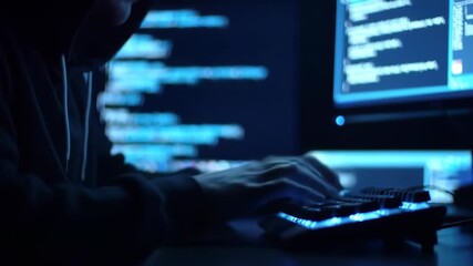 Mysterious Coder Dark Silhouette, Code Displayed on Screens - Powered by Adobe