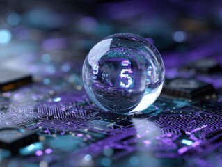 A crystal sphere rests on a circuit board, reflecting digital numbers