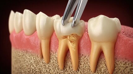 A realistic depiction of a dental extraction in progress, featuring dental tools removing a decayed tooth from an upper jaw. The surrounding teeth appear healthy, emphasizing the procedure's focus