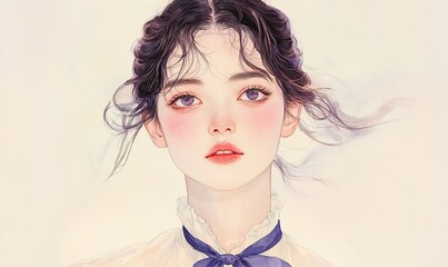 Watercolor portrait of a young woman with delicate features and ethereal beauty