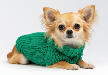 Obraz premium A cute Chihuahua wearing a cozy green sweater, lying down with a curious expression against a plain background.