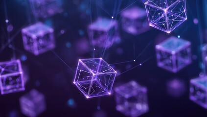 Abstract digital cubes interconnected by lines, in a violet and blue gradient