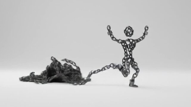 Human figure made of metal chains breaking free from burden and running forward. Freedom concept
