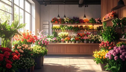 Fototapeta premium A bright and colorful flower shop, filled with vibrant bouquets and plants, bathed in natural light.
