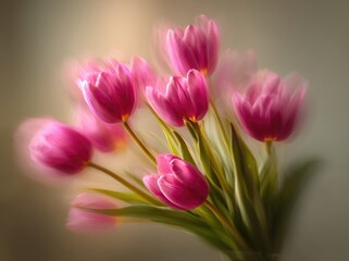 Naklejka premium A blurred, soft focus image of pink tulips with green stems against a neutral-toned background, creating an ethereal and romantic floral still life