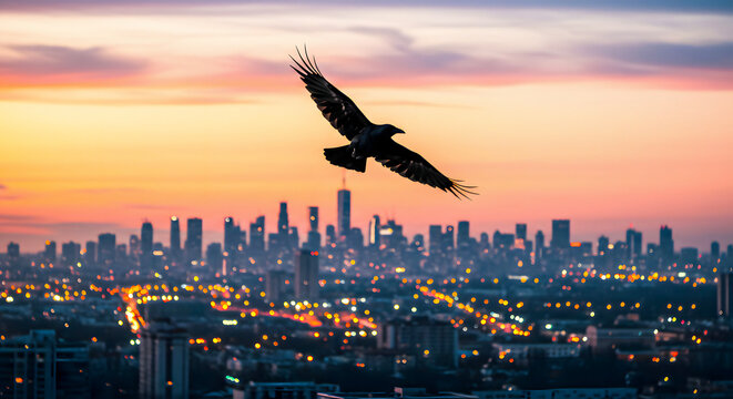 A majestic black bird soars with outstretched wings over a sprawling urban cityscape during a vibrant and colorful sunset