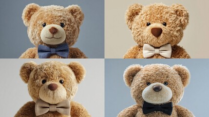 Four plush teddy bear heads wearing bow ties, on backgrounds of varying neutral tones