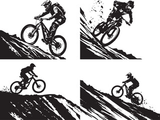 Fototapeta premium Mountain Bike Rider Action Silhouette Vector Set