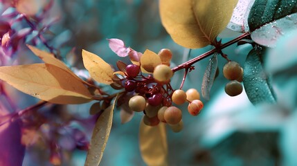 Colorful berries and autumn leaves on a branch with dreamy background