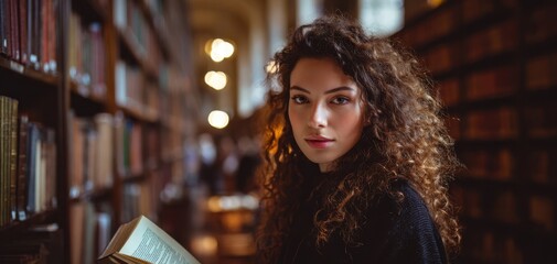 The young woman reading thoughtfully in a vintage library setting.