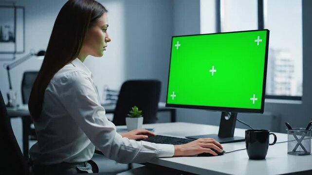Woman working on computer with green screen monitor typing at office desk cinematic footage