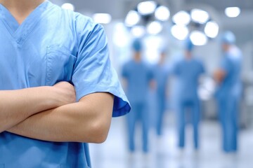 Healthcare professional in blue scrubs with folded arms, standing in an operating room setting with blurry surgical team members in the background