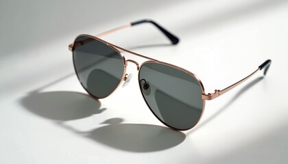 Premium aviator sunglasses with thin rose gold metallic frame, matte tinted lenses. Subtle shadows, light reflections on clean white background. Elegant, stylish, high-quality accessory for fashion