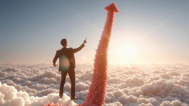 A businessperson stands on a red rising arrow chart above clouds, symbolizing success, ambition, and achievement in a dramatic sunrise sky.