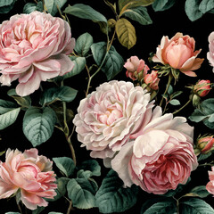 Vintage floral, Roses. isolated on black.