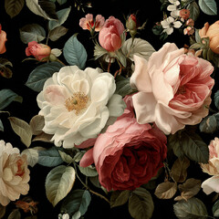 Vintage floral, Roses. isolated on black.