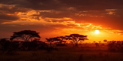 Obraz premium The breathtaking sunset illuminating the African savanna with dramatic silhouettes.