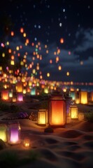 Illuminated lanterns scattered on a beach with floating lanterns in the night sky