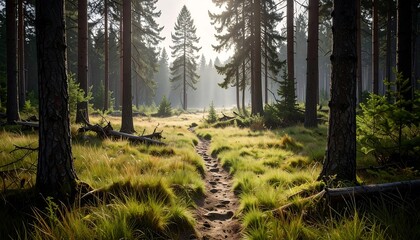 Walking Path Through Forest Clearing with Tall Trees and Sunlight