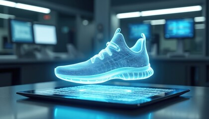 Futuristic holographic shoe design. Blue glowing sneaker prototype floats above tablet screen displaying complex digital blueprint. High-tech lab setting suggests innovation, advanced engineering,
