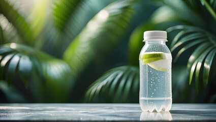 Obraz premium Refreshing Lime Water Bottle on Marble, Tropical Green Background, Summer Hydration