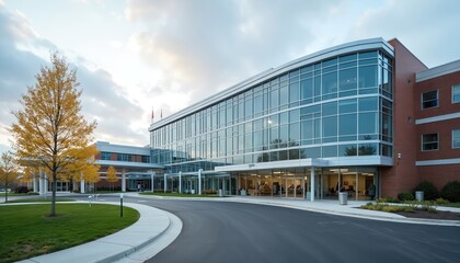 Modern hospital exterior with advanced medical facilities, glass facade. Red brick sections contrast with expansive windows, set against clear sky. Green lawn, autumn trees surround building,
